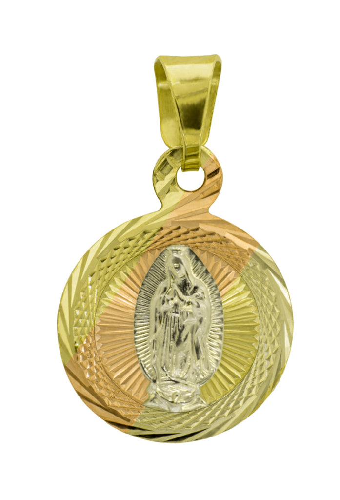 Medalla redonda de la Virgen de Guadalupe en oro amarillo y rojo