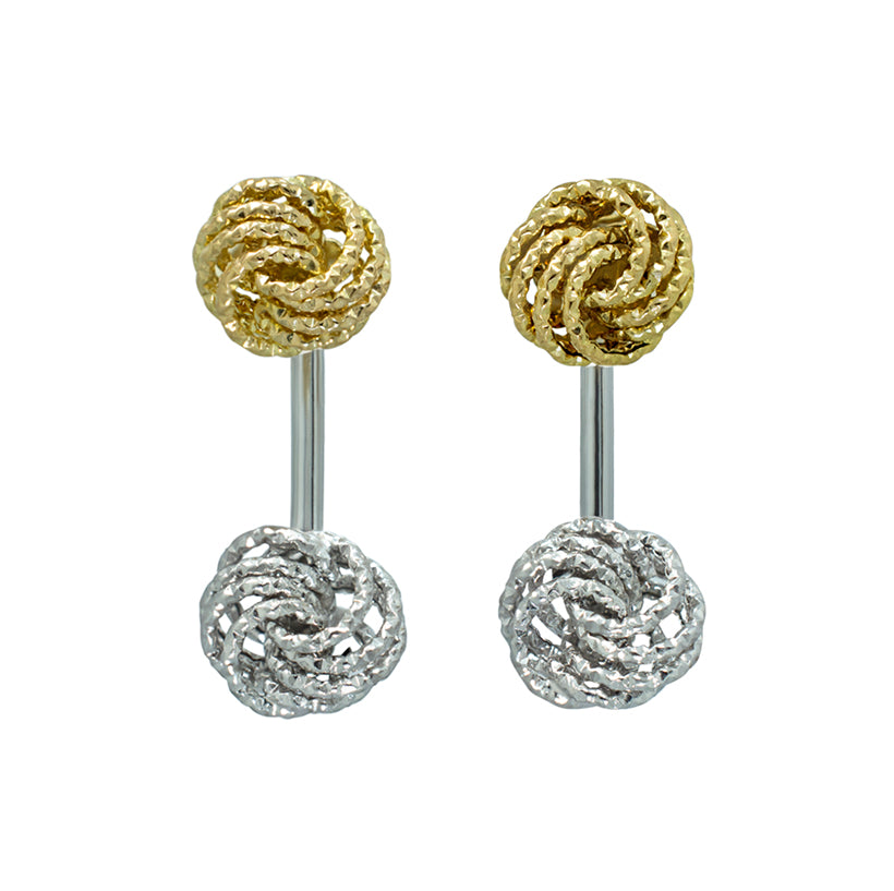 Aretes dobles de nudo en oro blanco y amarillo 