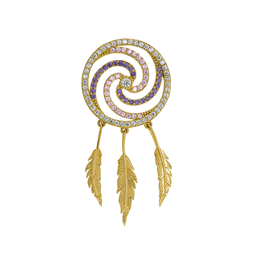 Dije atrapasueños de espiral y plumas en oro amarillo macizo