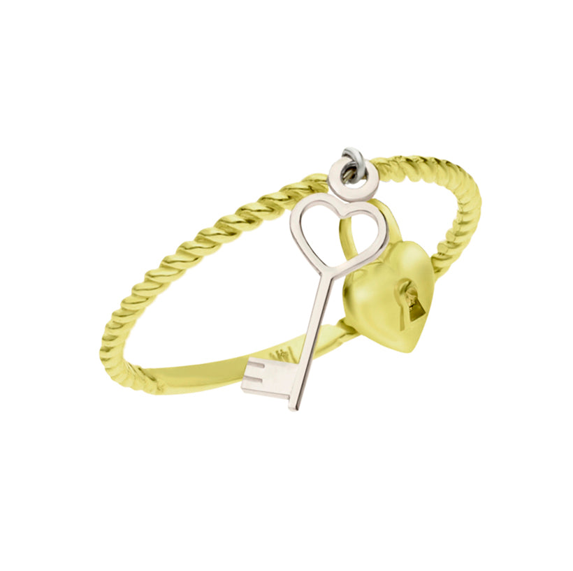 Anillo de candado con llave en oro amarillo y blanco